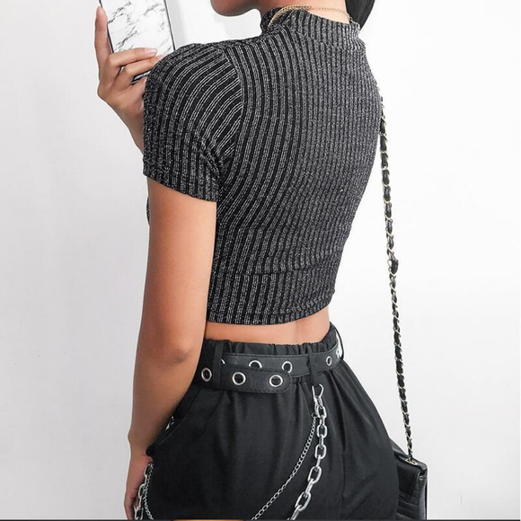 Lace Up Metallic Black Crop Top *DELETING FROM INVENTORY 11/19* - Picture 4 of 8
